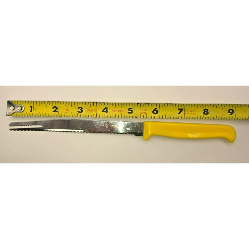 Vintage Quikut USA Serrated Kitchen Utility Knife with Fork Tip - Bright Yellow